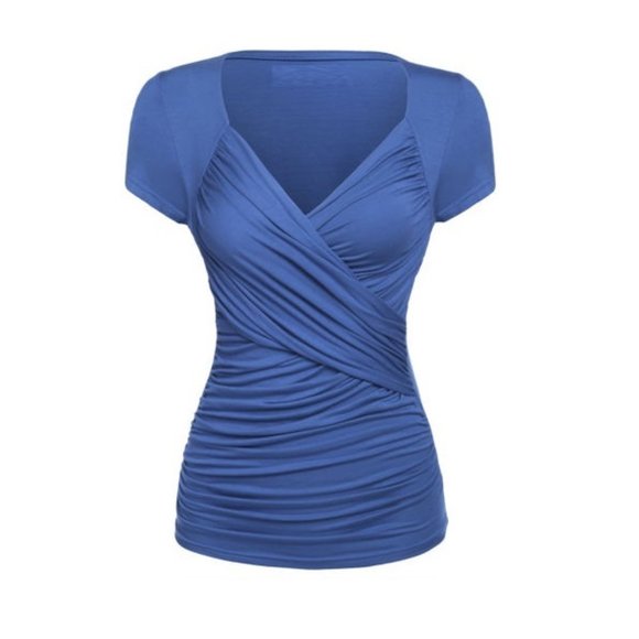 Cross Front Ruched Twist Drape Top M Blue - Picture 2 of 5